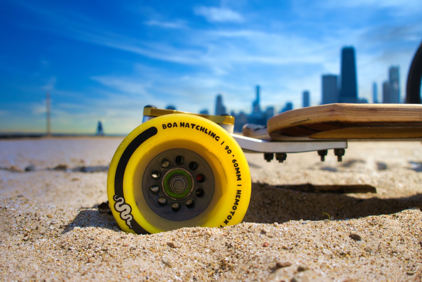 Boa longboard wheel on a beach with the city skyline behind